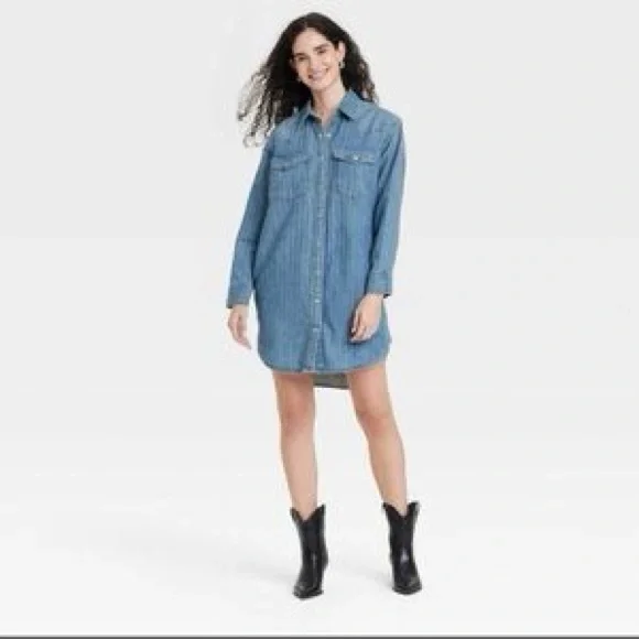 Universal Thread Western Denim Long Sleeve Shirt Dress Size XS Relaxed | NWT - Picture 2 of 11